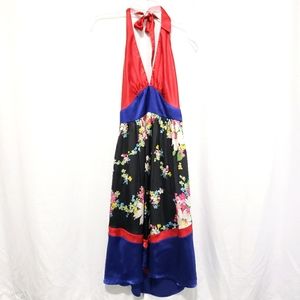 Small Red Black Blue Floral Print Silk Blend Halter Midi Dress